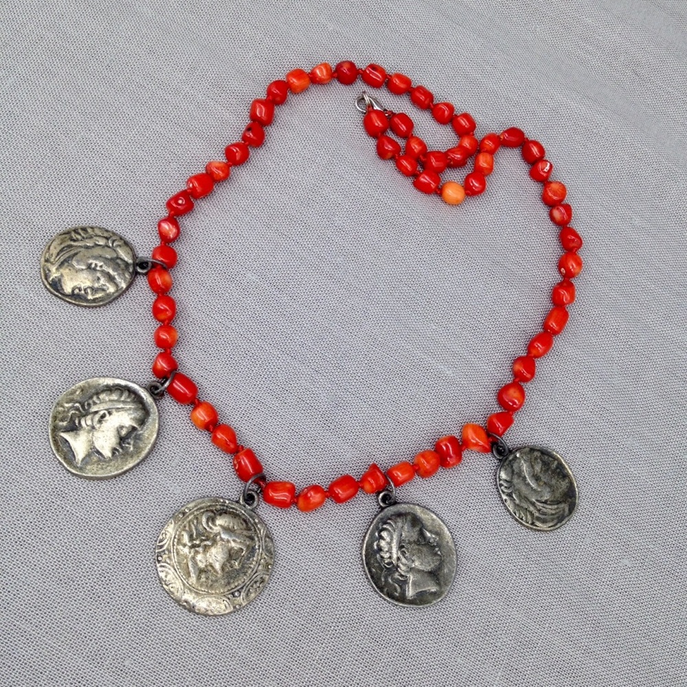 Vintage Coral & Greek Coin Necklace & Earrings Set - Picture 7 of 11